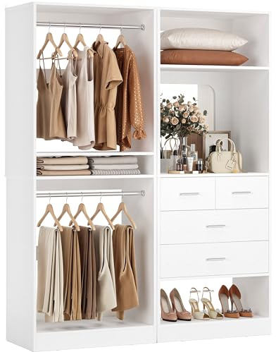 Unikito 50” Closet System with 4 Drawers, 4.2FT Wood Closet Organizer with Hanging Rods and Mirror, Reversible Small Walk in Closet Wardrobe, Adjustable Sturdy Clothes Garment Rack, Set of 2, White