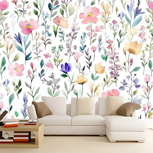 Fototapete Aquarell Retro Blumen Frisch 3d Tapete 200 x 140 cm ototapete Schlafzimmer - Deko Wohnzimmer Wallpaper - Wand Deko Vliestapete Rosa Lila