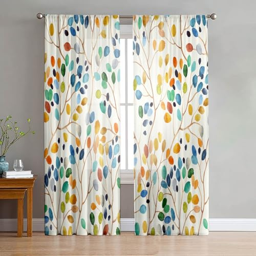 Odot Halbtransparente Vorhänge Wohnzimmer, 3D Blatt Muster Voile Gardinen mit Stangentaschen 2 er Set Gardinenvorhang Fensterschal Vorhänge Fenster für Schlafzimmer (Bunt A,132x160cm)