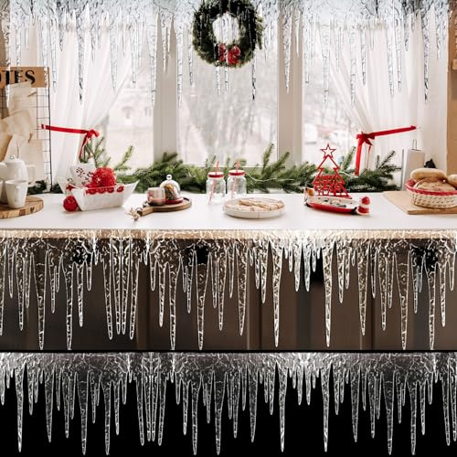 Chunful 4 Pcs Christmas Glitter Icicle Fringe 7.9 x 47 inch Artificial Fake Christmas Icicle Trim Plastic Hanging Clear Fringe Borders for Village Holiday Winter Indoor Outdoor Decor