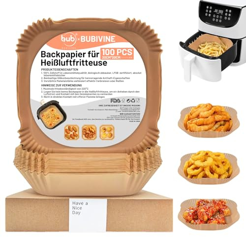 BUBIVINE Backpapier für Airfryer – 100 Blatt hitzebeständiges Pergamentpapier (20×20 cm) – Für Ninja AF300EU/AF400EU, Philips XXL & Cecotec – Doppelt beschichtet, bis 230°C, LFGB-zertifiziert