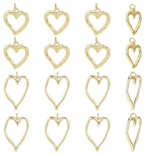 CRAFTYMELODY 16 Stück Herzanhänger In 2 Stilen 18 Karat Vergoldet Herzanhänger Messing Goldener Liebesanhänger Hohler Baumelnder Lünettenanhänger Zur Schmuckherstellung