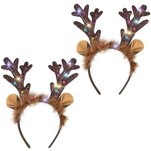 Smlper 2 Stück Haarreifen Weihnachten Led, Kopfschmuck Weihnachten, Geeignet für Kinder und Erwachsene für Weihnachtsfeiern und Rollenspiele (Rentier 2)