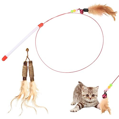 Cbofeixg 1 SetCat Toys Wands, Cat Wand ToysInteractive Cat Feather Toys for Cats, cCat Feather Wand Toyss, 100cm/39.3 inch Flexible Kitten Feather Duster Fishing Rod with Bells for Playing