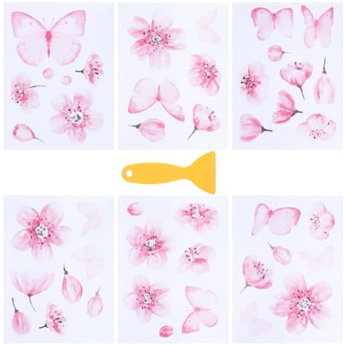 SOFPLATE 6 Foglio di Adesivi per Vasca da Bagno Adesivi Antiscivolo per Doccia A Forma di Farfalla con Raschietto di Alta qualità in PVC Adesivi di Sicurezza A Forma di Fiore Rosa Applique Impugnat