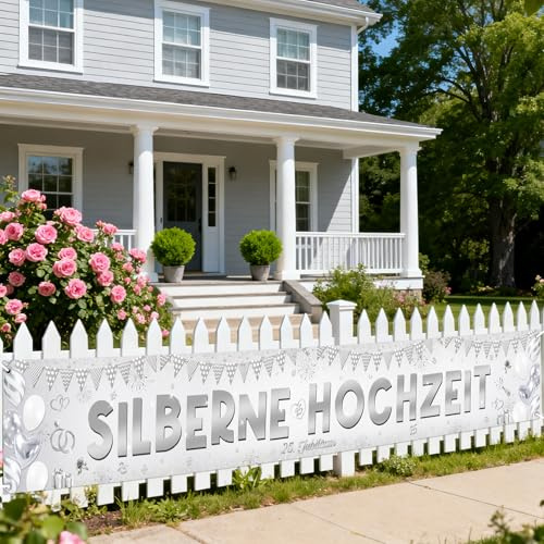 Tasoraor Silberhochzeit Deko Lange Banner - Silberne 25 Hochzeitstag Dekoration Gartenbanner 274 x 37 cm, Stoff Hängedeko für 25. Jubiläum Silber Hochzeit Partydeko