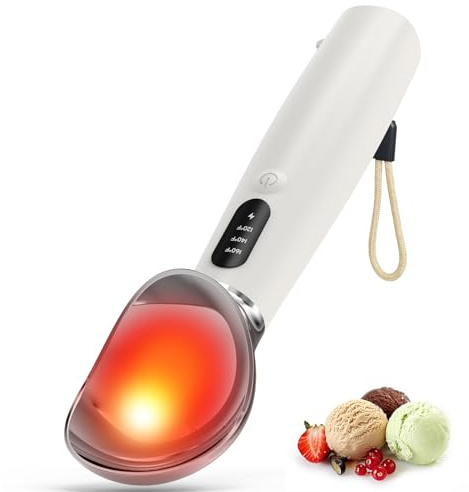 Beheizbarer Eisportionierer Edelstahl, 3 Temperaturen, USB-C,Weiß | Eislöffel mit LED Display, 49/60/71 °C, USB-C Akku & IP67, für Hartes Eis, Gelato und Sorbet