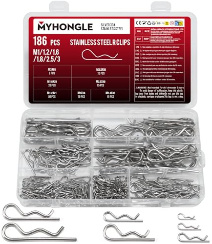 186 Stück Splinte Sortiment Edelstahl Sicherungssplinte Sortiment, Edelstahl Federstecker Set, Sicherungsstift, R Splinte Sortiment, Metallsplinte für Autos, Wohnmobile und Gartengeräte
