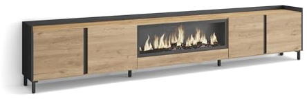 Skraut Home | Mueble TV | Muebles de salón, almacenaje | 315x61x35 cm | para televisión hasta 80 | Chimenea eléctrica XXL | Diseño Industrial | Estilo Moderno | Roble y Negro