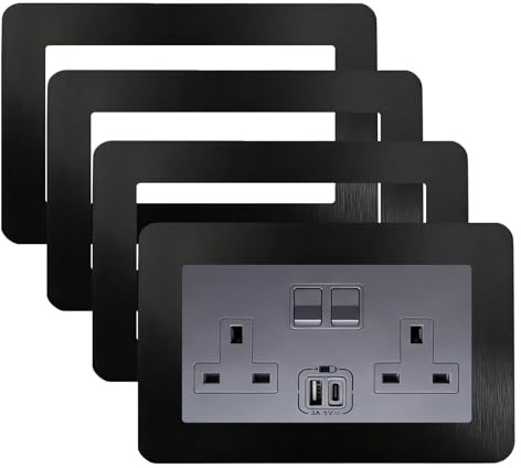 Ruiunchu Double Socket Surround, 4 PCS Black Light Switch Surround | Light Switch Protection Cover Pack Self-Adhesive Acrylic Double Plug Socket for Wall Sockets and Switches (14.6 × 8.6 cm)