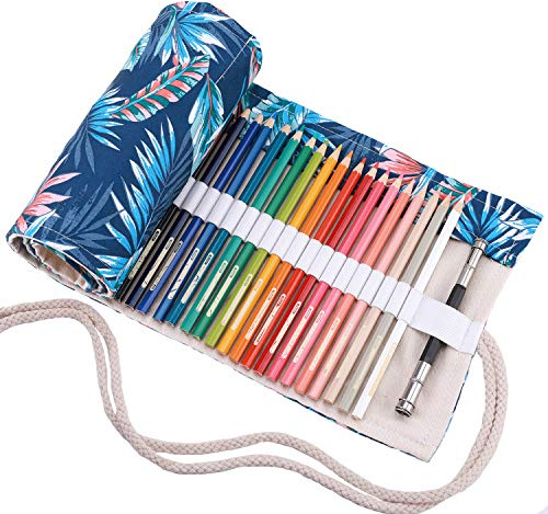Amoyie Trousse Enroulable pour 72 Crayons de Couleur, Pliable Pochette Crayon, Etui Art, Sac Rangement Tissu, Feuille Bleu