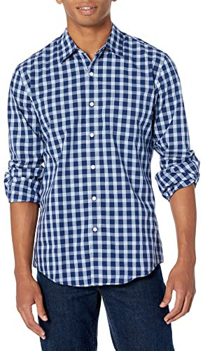 Amazon Essentials Men's Slim-Fit Long-Sleeve Poplin Shirt, Navy White Plaid, L