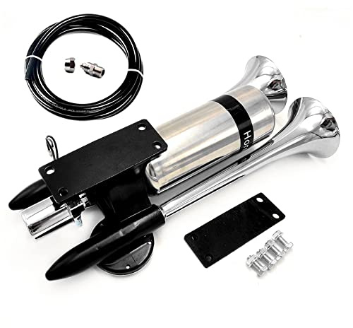 YIYIDA Auto Schiffshorn - Verlängern Sie den Sound, Lufthorn Lautsprecher, Silber Doppelrohr, Metall Super Laut mit Edelstahl Lufttank, Geeignet für 12V 24V Zug Schiff Moto Truck