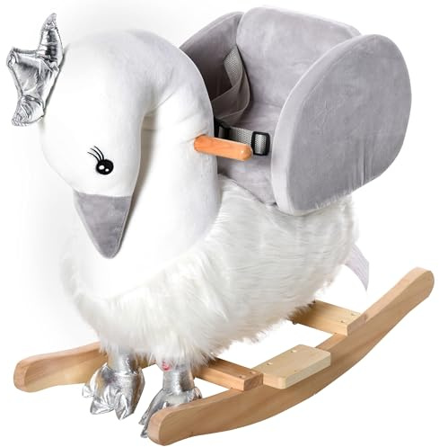 HOMCOM Cheval à Bascule modèle Cygne Fonction Musicale Selle Grand Confort Peluche Courte Douce Bois peuplier Blanc et Gris dim. 60L x 33l x 59H cm