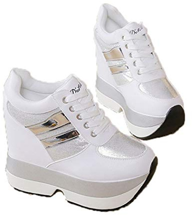 Scarpe per Il Tempo Libero da Donna Zeppe in Pelle per Esterni Tacco Alto 12CM Scarpe Sportive con Punta Tonda Piattaforma Lace Up Primavera Estate Sneakers da Donna