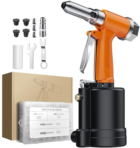 AUTOUTLET Druckluft Blindnietpistole Kit, Premium Nietpistole Werkzeug mit 4 Mundstücke (2,4mm 3,2mm 4,0mm 4,8mm) und 500PCS Nieten, Druckluft Nietenzange für Aluminium-, Eisen-, Edelstahlbleche