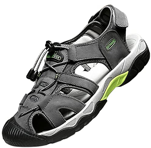 Topwolve Sandali Sportivi Uomo Estivi Esterni PelleTraspirante Sandali Sportivi Punta Chiusa Spiaggia Sandali Casuale Antiscivolo Scarpe da Trekking Passeggiata,Grigio,45 EU