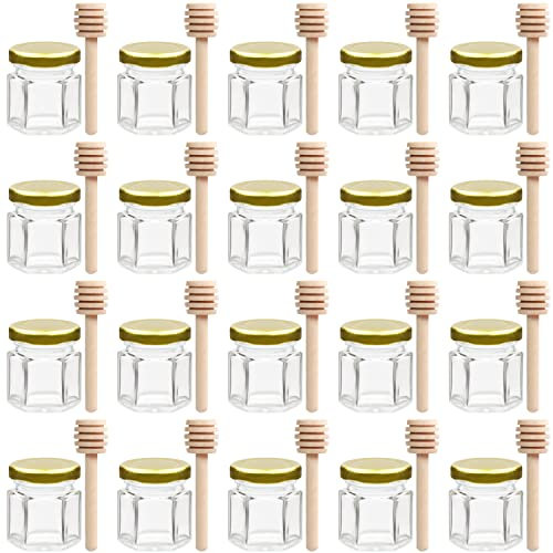 BELLE VOUS 20 Pezzi Barattoli per Miele Esagonali in Vetro con Coperchio e Mestolo in Legno - Mini Vasetti da 40 ml - Vasetto per Cibi, Marmellate e Spezie - Baby Shower, Matrimonio e Bomboniere