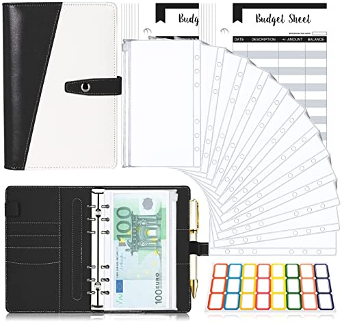 Budget Planner Budget Binder A6, Budgetplaner Geld Organizer mit Weiche PVC Tasche, TAOPE Leder Budget Binder Notizbuch A6 Cash Stuffing, 6 Löcher Budget Planner, Haushaltsbuch mit Geldfächer Schwarz