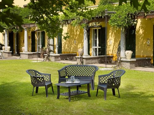 Dmora - Outdoor-Lounge-Set Brescia, Gartenkomposition mit 2 Sesseln, 1 Bank und 1 Couchtisch, Lounge für drinnen und draußen, 100 % Made in Italy, Anthrazit