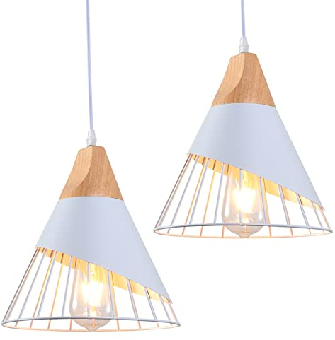 2x E27 Vintage-Pendelleuchte, MDUYU Industrielle Metall-Deckenleuchte mit Holzdesign, weiße Farbe, Retro-Pendelleuchten,Moderne Pendelleuchten für Esszimmer,Café,Restaurant,Küche,Innenleuchten