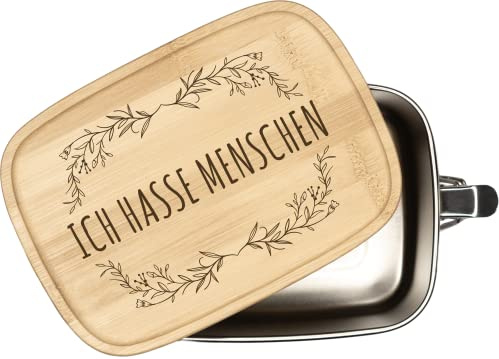 Tassenbrennerei Brotdose mit Spruch - Ich hasse Menschen - 1000ml Edelstahl Box mit Bambusdeckel graviert - Geschenk für Kollegin, Freund, Freundin