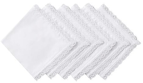 HOULIFE Taschentücher Hochzeit – Kleine Stofftaschentücher Damen, Taschentuch Hochzeit aus Gekämmte Baumwolle Weich Bunt Stickereien mit Spitzen, 6 Stücke, 25x25cm, Weiß