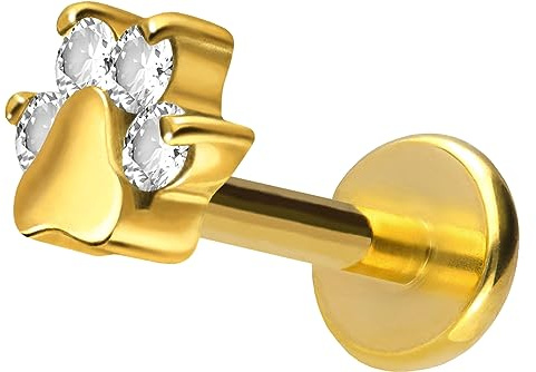 PIERCINGLINE Titan Labret mit Push Fit KRISTALLPFOTE Piercing Ohr Helix Tragus Conch Goldfarben 1,2x7 mm