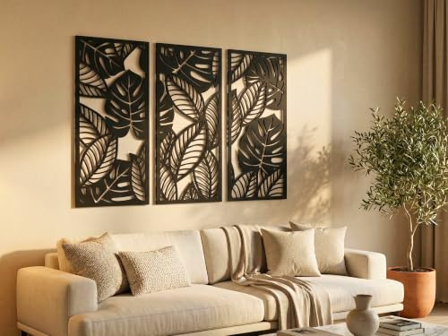 VAILLA Monstera Wanddeko Holz 3D – Wandbild Wohnzimmer Schlafzimmer Büro | MDF Sperrholz, Lasergeschnitten, Monstera Tropisch, 5 Größen, Grün Schwarz Gold, personalisierbar, 3er Set Küche Esszimmer