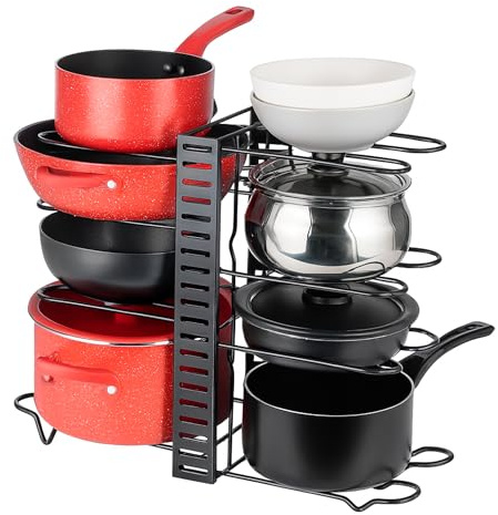 Innoteck Pots & Pans Organiser Rack with 8 Adjustable Dividers, Expandable Pan & Lid Storage Holder for Kitchen Cupboards, Cabinets & Pantry – Matt Black, 54.5 × 20 × 42cm