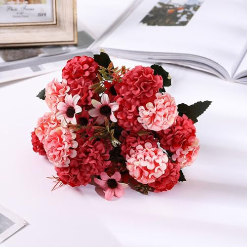 LVTFCO 1 Stück künstliche Hortensie, Chrysantheme, 9 Hortensien, 6 kleine Blumen, künstliche Kugel, Seidenblume, DIY, Hausgarten, Hochzeit, Party, rot