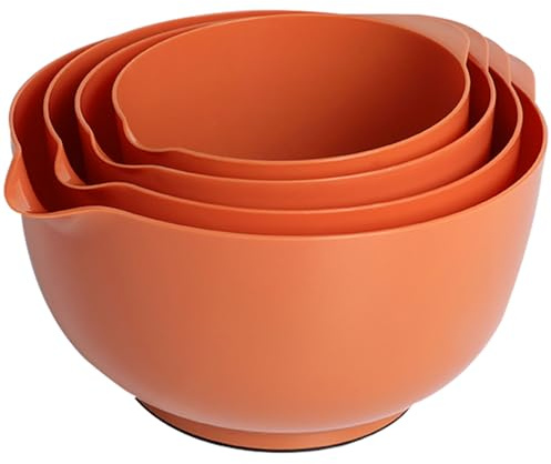 BoxedHome Lot de 4 bols à mélanger en plastique sans BPA, brun clair - avec bec verseur, fond antidérapant et poignée, empilable, passe au lave-vaisselle et au micro-ondes, idéal pour la cuisson et la