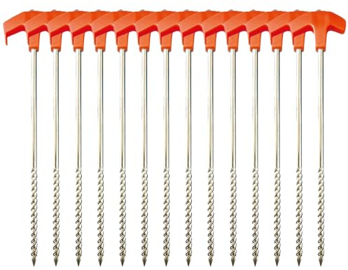 12pcs Zeltheringe Stahl mit Schutzkappe und Tasche, Heringe Erdnägel Stabil Harter Boden Schraubheringe Lange Heringe für Wald, Wiesen, Gras, Sandboden Zelthaken (14 Zeltheringe(25cm))