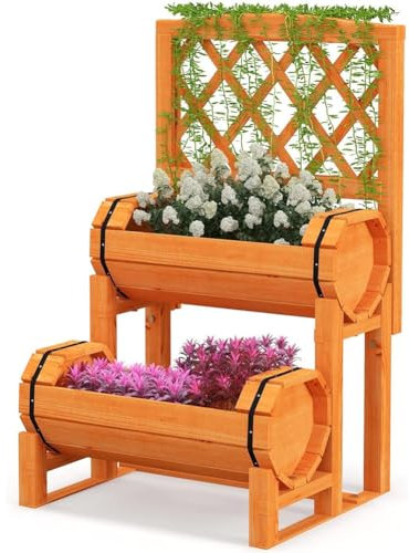 Cama De Jardín Elevada, Doble Capa De Madera Independiente para Levantarse con 2 Sembradoras De Barril Y Soportes Plantas De Escalada Plantación De Flores Y Plantas ﻿