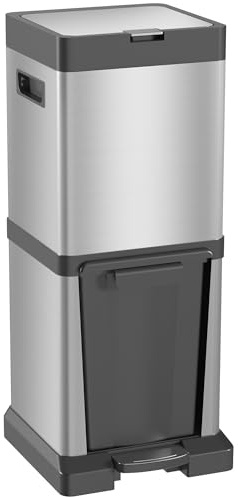 HOMCOM Dual Kitchen Bin, 20+14L Double Bin for Recycling and Waste, Stainless Steel Vertical Pedal with Tilt Out, Soft-Close Lid, Removable Inner Buckets and Handles, Silver
