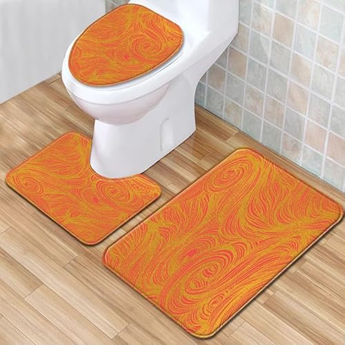 Bad Teppiche Set 3-Teiliges Orange Gelb Abstract WC Vorleger Mit Ausschnitt Badematte Saugfähig WC Deckelbezug Badvorleger rutschfest Waschbar Toilettensitzbezug Badgarnitur (50x80cm)
