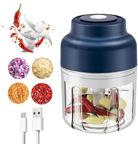 Electric Garlic Chopper, Mini Vegetable Chopper Electric 320ml Wireless USB Charging Small Blender Garlic Mincer with 6 Blades, Mini Food Processors for Onions Ginger Herbs Fruits Meat Nuts-Blue