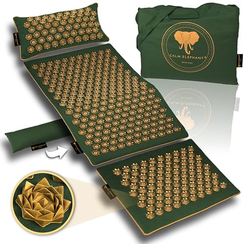 CALM ELEPHANT ORIGINAL Esterilla de Acupresión con Cojín XXL Set GENUINE 5 Piezas, Masaje Espalda, Libera Tensiones, Cojín con Calor, Cojín Lumbar, Esterilla Pies y Bolsa - Verde