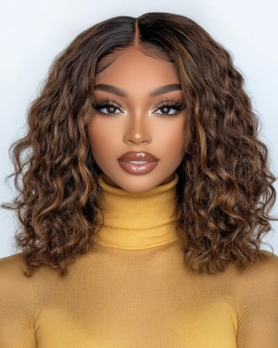 FASHION IDOL Kurze lockige Bob Echthaarperücke Vorgeschnitten Vorgezupft Glueless Wear and Go Lace Perücke 200% Dichte Upgraded Unsichtbares Geheimnis Glueless Echthaar Perücken