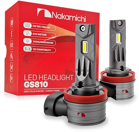 Nakamichi GS810 Series H11 LED żarówki do reflektorów i świateł przeciwmgielnych do wymiany, 12 000 lumenów 44 W na komplet, biel dzienna, Plug and Play, wiązka 1:1, zestaw 2 szt., 6000K, H11 (H8 H9)