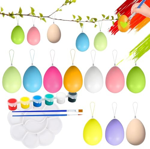 Onlvmyur 20x Uova di Pasqua Decorazioni Uova Pasquali da Appendere con 2 Pennelli 6 Colori Acrilici e 1 Tavolozza Pasquali di Plastica per Feste Decorazioni e Regali DIY