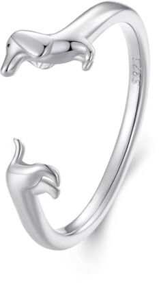 Qings Dackel Hund Ring 925 Sterling Silber für Damen Süßer Tier Offener Verstellbarer Fingerring Geburtstags Schmuck Geschenke für Tierliebhabe