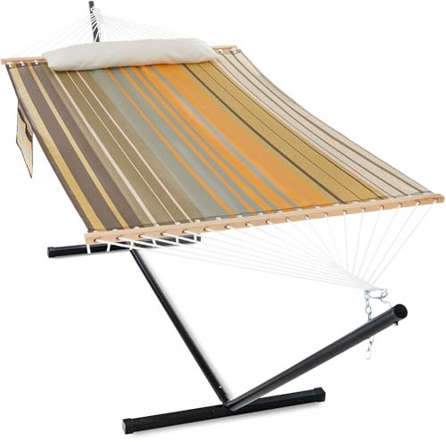 Gafete Waterproof Double Hammock with Stand for Outside Heavy Duty, 2 Person 55'' Large Quick Dry Textilene Hammocks with Hardwood Spreader Bar, Pillow, Pockets, for Outdoor, 475lbs Capacity (Coffee)