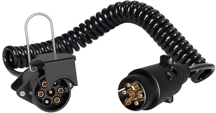 WilTec Câble de rallonge électrique spiralé – 3 m – 2 fiches – 7 Broches – Feux de Camping Car et remorque – Feu arrière, Clignotants, etc.