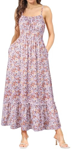 GRACE KARIN Vestido Mujer Estampado Floral de Tirantes Finos con Plisada Espalda