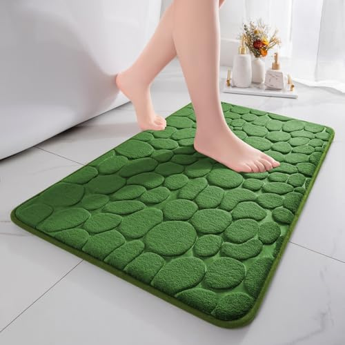 chakme Badematte rutschfest, 43x61 cm Grün Badezimmerteppich | Memoryschaum Badteppich, Waschbar Badvorleger, Wasserabsorbierend Kieselsteine Duschvorleger