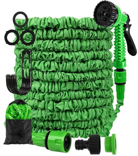 Manguera Jardin Extensible 7.5 m/15 m/22.5m/30 m Metros, Manguera Flexible Jardín con Pistola Rociadora 7 Funciones, Garden Hose, (Green,25FT-7.5M)
