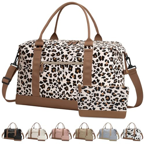 ELONGRIVER Reisetasche für Damen, Wochenendtasche, Krankenhaustasche für die Arbeit, leichte Tragetasche mit Gepäckhülle, Flugzeug-Reisetaschen, Leoparden-Print, X-Large, Erweiterbar