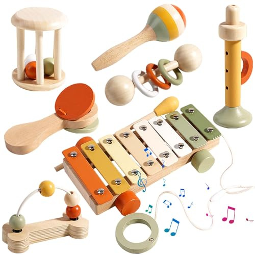 Montessori, strumenti musicali per bambini, 7 pezzi, strumenti musicali per bambini a partire dai 2 anni, set di strumenti musicali in xilofono in legno