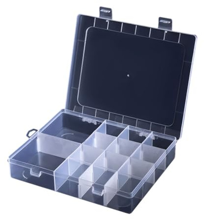 Caja de almacenamiento de plástico con múltiples compartimentos con 14 rejillas ajustables con cerradura, organizador transparente para tornillos, clavos, joyas y herramientas pequeñas